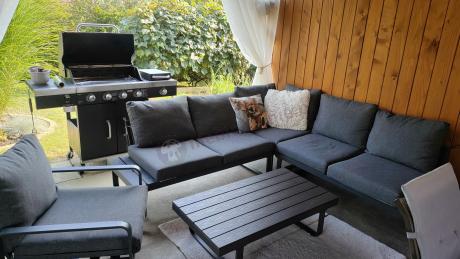 Grafitowy narożnik ogrodowy z fotelem i stolikiem 110cm Panaon Corner 220x220 - DG