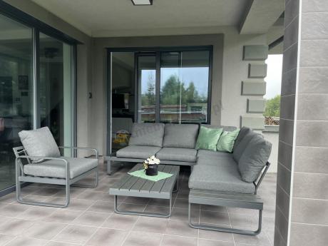 Grafitowy narożnik ogrodowy z fotelem i stolikiem 110cm Panaon Corner 220x220 - DG