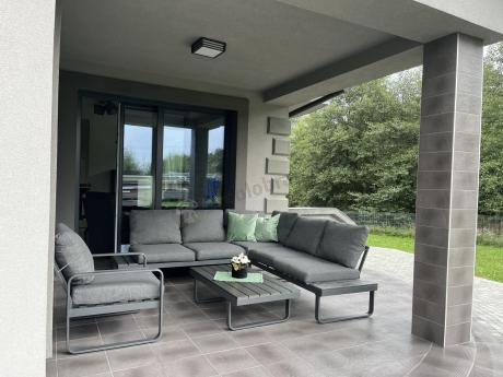 Grafitowy narożnik ogrodowy z fotelem i stolikiem 110cm Panaon Corner 220x220 - DG