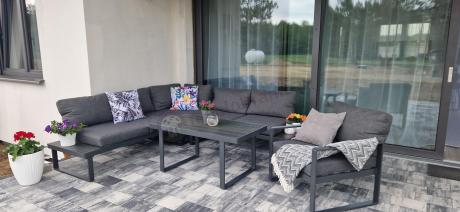 Grafitowy narożnik ogrodowy z fotelem i stolikiem 110cm Panaon Corner 220x220 - DG