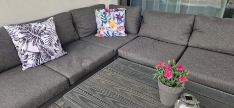 Grafitowy narożnik ogrodowy z fotelem i stolikiem 110cm Panaon Corner 220x220 - DG