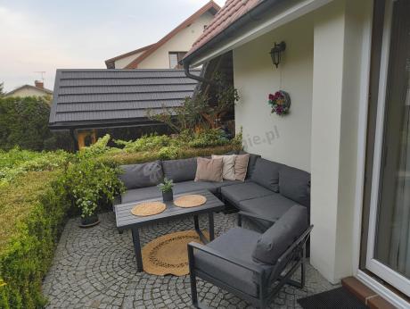 Grafitowy narożnik ogrodowy z fotelem i stolikiem 110cm Panaon Corner 220x220 - DG