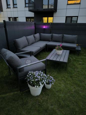 Grafitowy narożnik ogrodowy z fotelem i stolikiem 110cm Panaon Corner 220x220 - DG