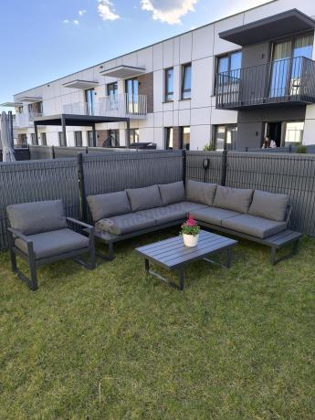 Grafitowy narożnik ogrodowy z fotelem i stolikiem 110cm Panaon Corner 220x220 - DG