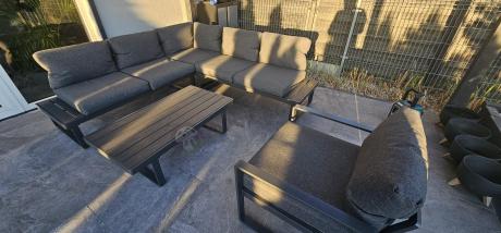 Grafitowy narożnik ogrodowy z fotelem i stolikiem 110cm Panaon Corner 220x220 - DG