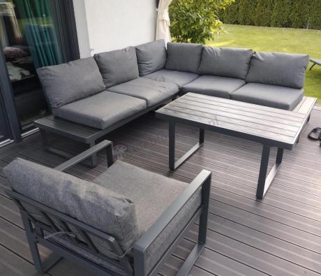 Grafitowy narożnik ogrodowy z fotelem i stolikiem 110cm Panaon Corner 220x220 - DG