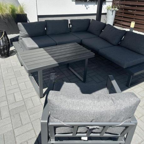 Grafitowy narożnik ogrodowy z fotelem i stolikiem 110cm Panaon Corner 220x220 - DG