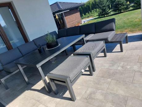 Grafitowy narożnik ogrodowy z wysokim stołem 160cm i pufami Calamba Corner XXL