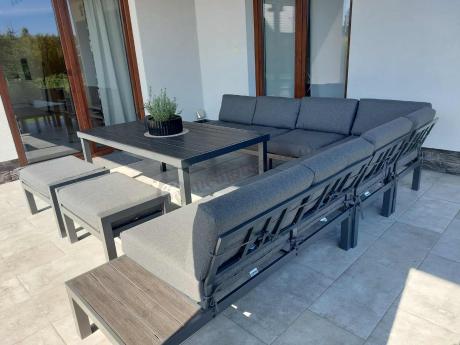 Grafitowy narożnik ogrodowy z wysokim stołem 160cm i pufami Calamba Corner XXL