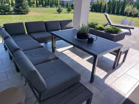 Grafitowy narożnik ogrodowy z wysokim stołem 160cm i pufami Calamba Corner XXL