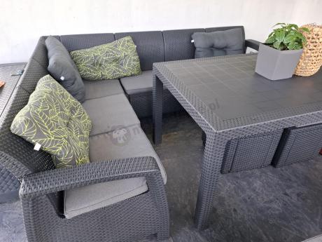 Grafitowy narożnik ogrodowy ze stołem obiadowym Rellme VI z 2 fotelami + 2 pufy