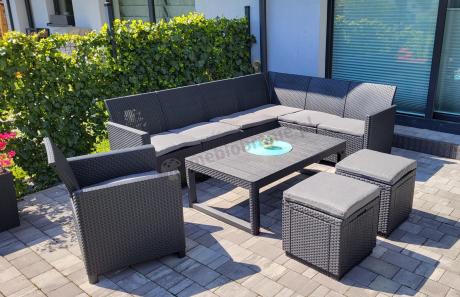 Grafitowy narożnik tarasowy 172 x 222cm stół podnoszony, fotel i dwie pufy