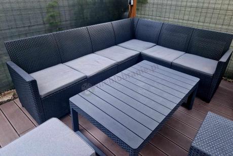 Grafitowy narożnik tarasowy 172 x 222cm stół podnoszony, fotel i dwie pufy