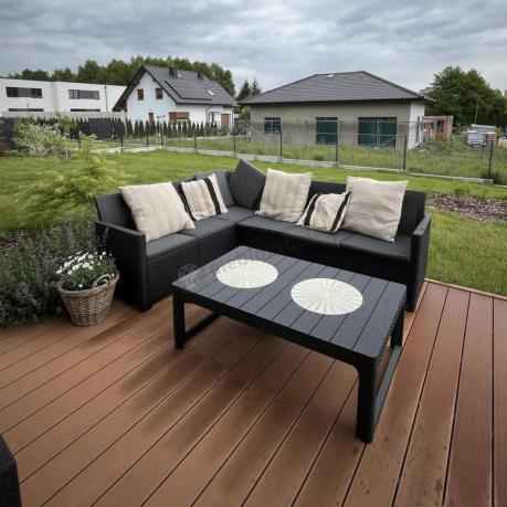 Grafitowy narożnik tarasowy Nedler 172 x 222cm stół podnoszony, fotel i dwie pufy