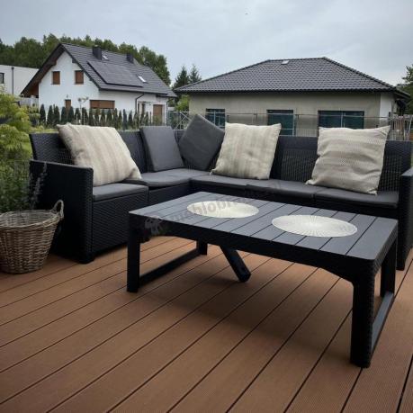 Grafitowy narożnik tarasowy Nedler 172 x 222cm stół podnoszony, fotel i dwie pufy