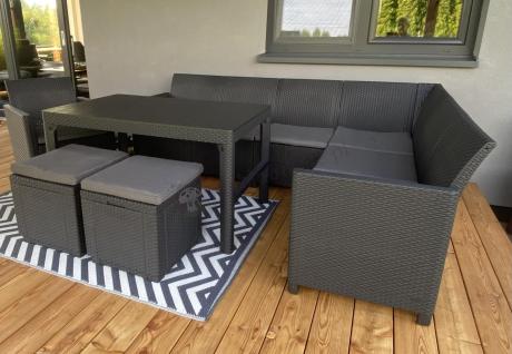 Grafitowy narożnik tarasowy Nedler 172 x 222cm stół podnoszony, fotel i dwie pufy