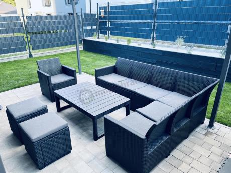 Grafitowy narożnik tarasowy Nedler 172 x 222cm stół podnoszony, fotel i dwie pufy