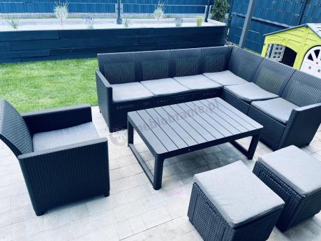 Grafitowy narożnik tarasowy Nedler 172 x 222cm stół podnoszony, fotel i dwie pufy