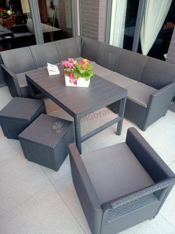 Grafitowy narożnik tarasowy Nedler 172 x 222cm stół podnoszony, fotel i dwie pufy