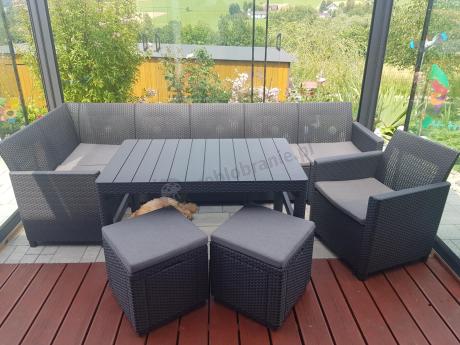 Grafitowy narożnik tarasowy Nedler 172 x 222cm stół podnoszony, fotel i dwie pufy