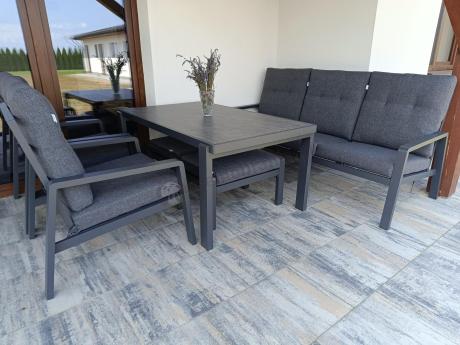 Grafitowy zestaw aluminiowych mebli na taras dla 7 osób ze stołem ceramic glass - Tavaro Dining Antracite