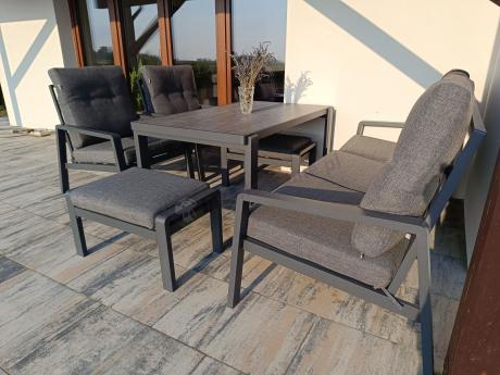 Grafitowy zestaw aluminiowych mebli na taras dla 7 osób ze stołem ceramic glass - Tavaro Dining Antracite
