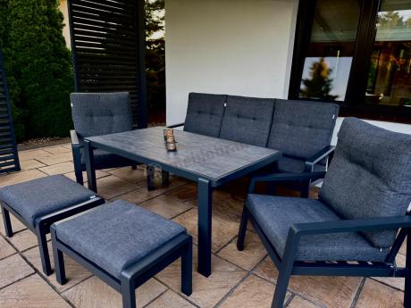 Grafitowy zestaw aluminiowych mebli na taras dla 7 osób ze stołem ceramic glass - Tavaro Dining Antracite