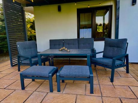 Grafitowy zestaw aluminiowych mebli na taras dla 7 osób ze stołem ceramic glass - Tavaro Dining Antracite