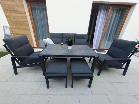Grafitowy zestaw aluminiowych mebli na taras dla 7 osób ze stołem ceramic glass - Tavaro Dining Antracite