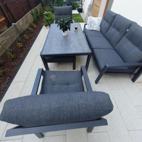 Grafitowy zestaw aluminiowych mebli na taras dla 7 osób ze stołem ceramic glass - Tavaro Dining Antracite