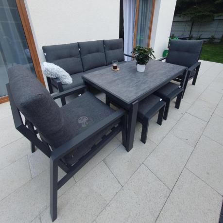 Grafitowy zestaw aluminiowych mebli na taras dla 7 osób ze stołem ceramic glass - Tavaro Dining Antracite
