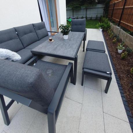 Grafitowy zestaw aluminiowych mebli na taras dla 7 osób ze stołem ceramic glass - Tavaro Dining Antracite