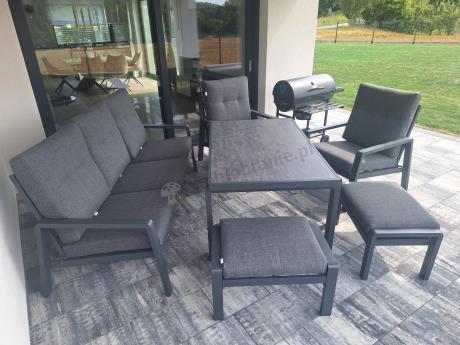 Grafitowy zestaw aluminiowych mebli na taras dla 7 osób ze stołem ceramic glass - Tavaro Dining Antracite