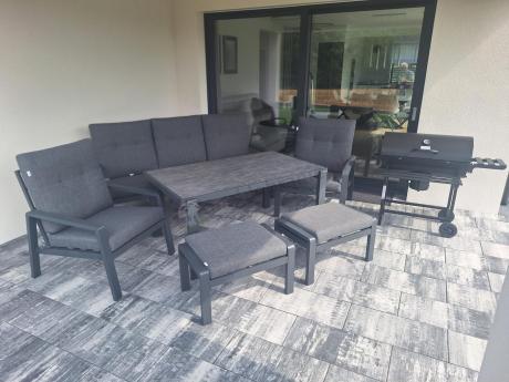 Grafitowy zestaw aluminiowych mebli na taras dla 7 osób ze stołem ceramic glass - Tavaro Dining Antracite