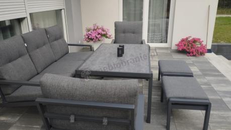 Grafitowy zestaw aluminiowych mebli na taras dla 7 osób ze stołem ceramic glass - Tavaro Dining Antracite