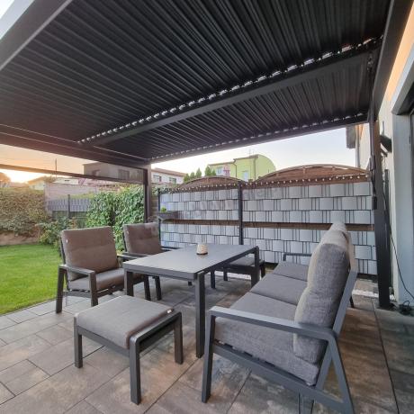 Grafitowy zestaw aluminiowych mebli na taras dla 7 osób ze stołem ceramic glass - Tavaro Dining Antracite