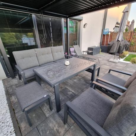 Grafitowy zestaw aluminiowych mebli na taras dla 7 osób ze stołem ceramic glass - Tavaro Dining Antracite