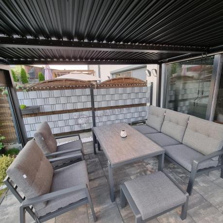 Grafitowy zestaw aluminiowych mebli na taras dla 7 osób ze stołem ceramic glass - Tavaro Dining Antracite