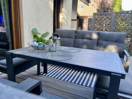 Grafitowy zestaw aluminiowych mebli na taras dla 7 osób ze stołem ceramic glass - Tavaro Dining Antracite