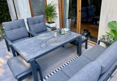 Grafitowy zestaw aluminiowych mebli na taras dla 7 osób ze stołem ceramic glass - Tavaro Dining Antracite