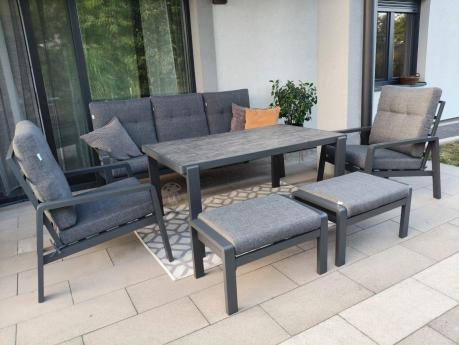 Grafitowy zestaw aluminiowych mebli na taras dla 7 osób ze stołem ceramic glass - Tavaro Dining Antracite