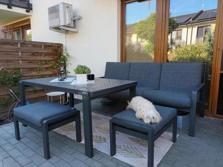 Grafitowy zestaw aluminiowych mebli na taras dla 7 osób ze stołem ceramic glass - Tavaro Dining Antracite