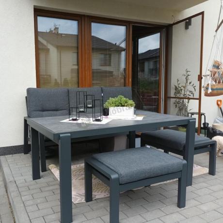 Grafitowy zestaw aluminiowych mebli na taras dla 7 osób ze stołem ceramic glass - Tavaro Dining Antracite