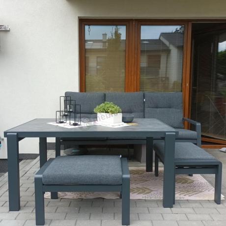 Grafitowy zestaw aluminiowych mebli na taras dla 7 osób ze stołem ceramic glass - Tavaro Dining Antracite