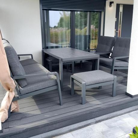 Grafitowy zestaw aluminiowych mebli na taras dla 7 osób ze stołem ceramic glass - Tavaro Dining Antracite