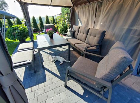 Grafitowy zestaw aluminiowych mebli na taras dla 7 osób ze stołem ceramic glass - Tavaro Dining Antracite