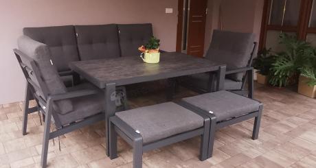Grafitowy zestaw aluminiowych mebli na taras dla 7 osób ze stołem ceramic glass - Tavaro Dining Antracite