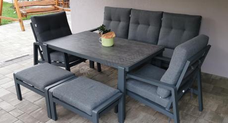 Grafitowy zestaw aluminiowych mebli na taras dla 7 osób ze stołem ceramic glass - Tavaro Dining Antracite