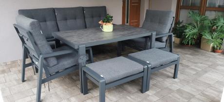 Grafitowy zestaw aluminiowych mebli na taras dla 7 osób ze stołem ceramic glass - Tavaro Dining Antracite