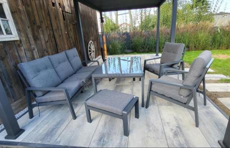 Grafitowy zestaw aluminiowych mebli na taras dla 7 osób ze stołem ceramic glass - Tavaro Dining Antracite